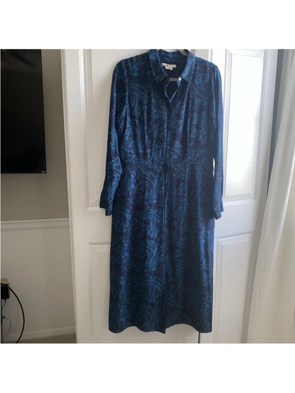BODEN Lemima Silk Shirt MIDI Dress US 12 NO Belt Missing Navy Marbled Dreams - Picture 7 of 14